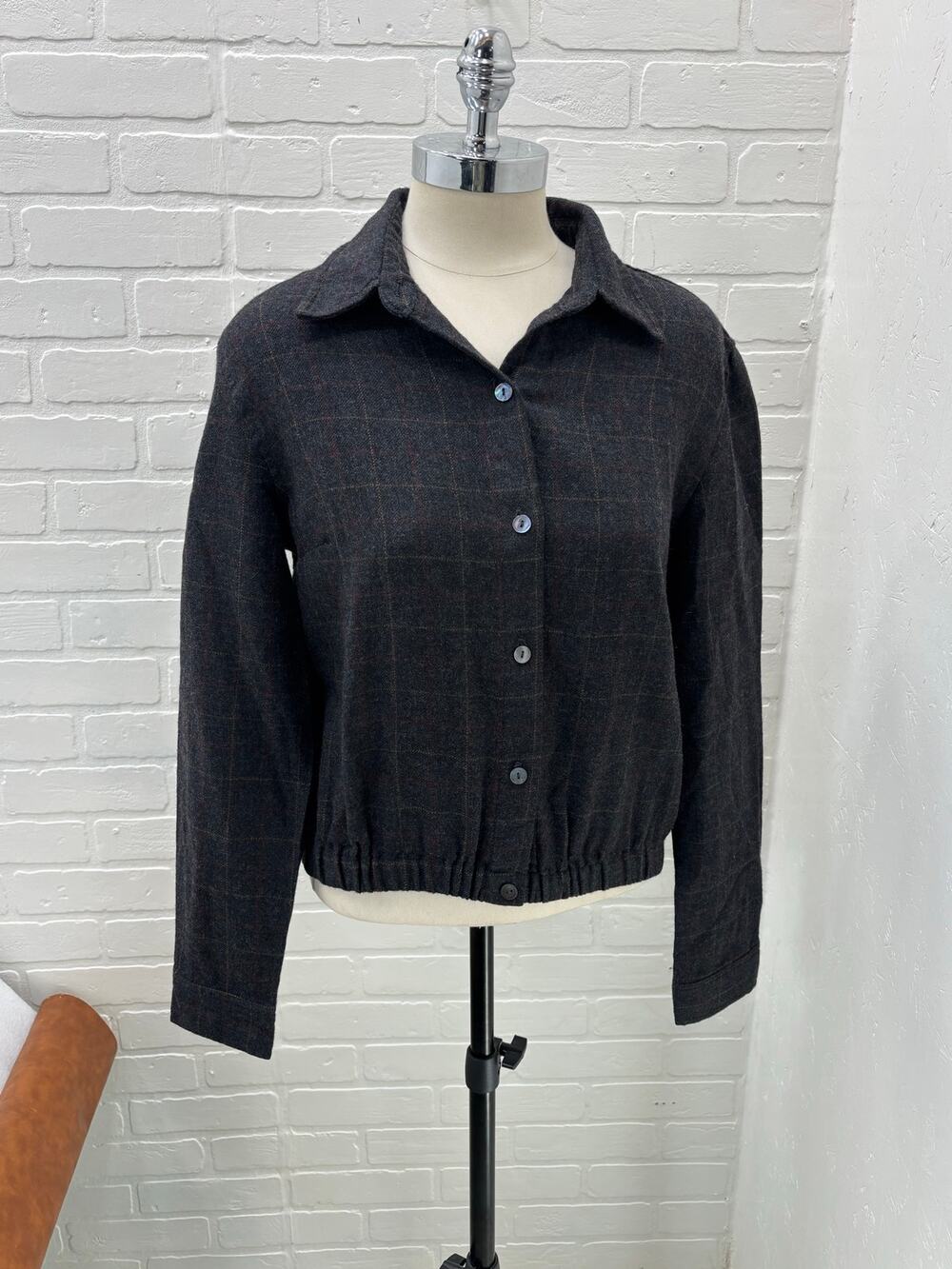 Vtg Woman's 10 Harold's 1980s 100% Wool Plaid Shirt Elastic Waist Band Gray C14